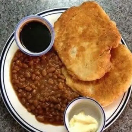 Baked beans with fried toutons and two small sides